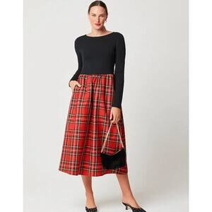 J.Crew Long Sleeve Knit Tartan Red & Black Midi Dress